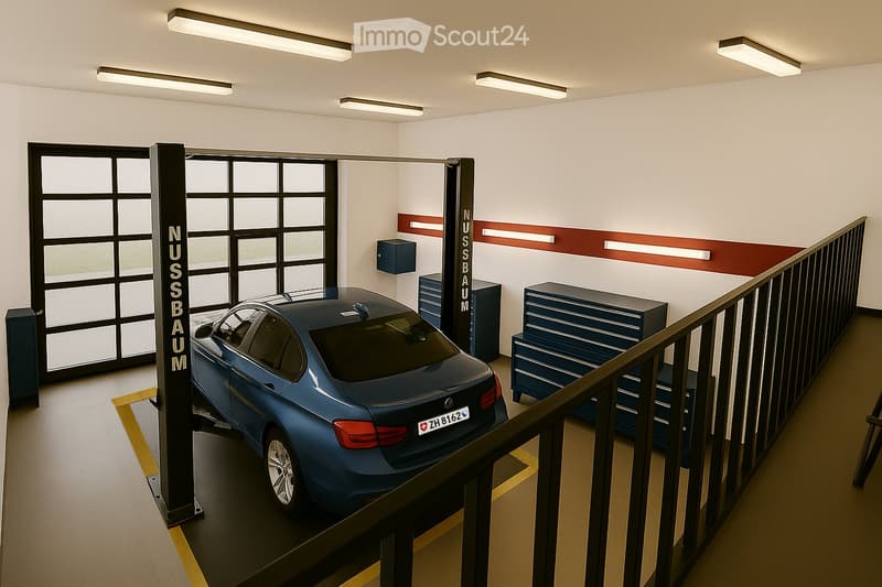 underground garage, blue car, car hoist, overhead lighting, storage units, glass wall