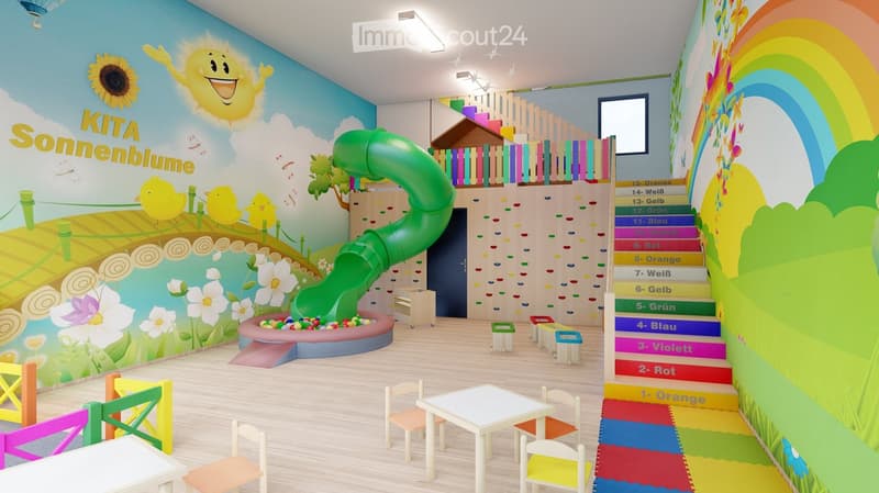 playroom with a green slide, climbing wall, colorful floors, chairs, tables
