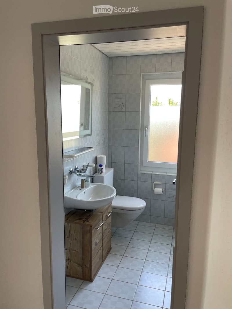 small bathroom, white sink, white tiles, white toilet, wooden cabinet