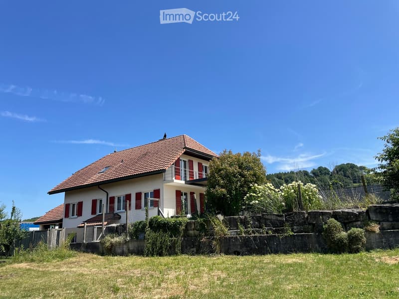 2 story house, red roof, red shutters, white walls, stone walls, large yard