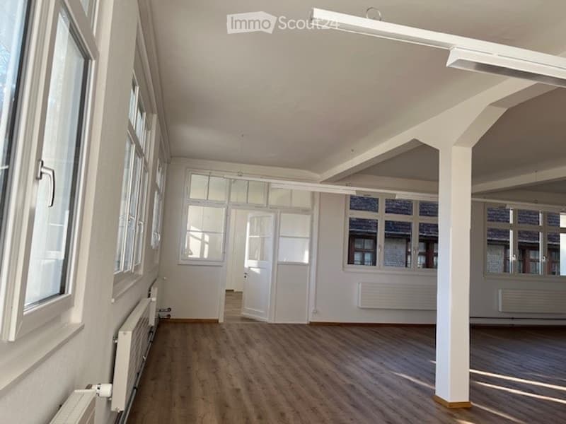large open room, wooden floor, large windows, ceiling lights