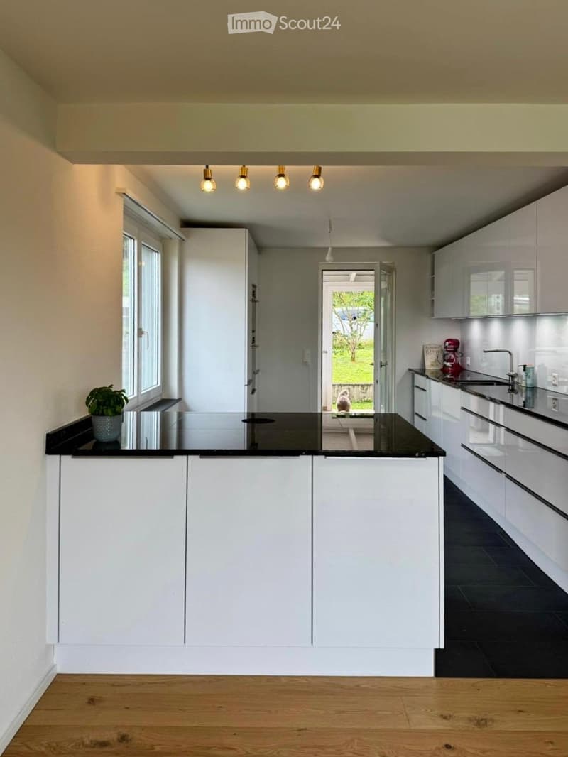 modern kitchen, white cabinets, black countertops, ceiling lights, open door to backyard