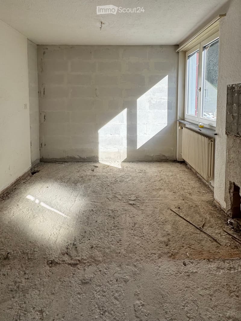 An empty room with a white wall and floor, a large window with a radiator below, a ceiling light fixture, and an electric outlet on the wall. The room has a clean, minimalistic look.