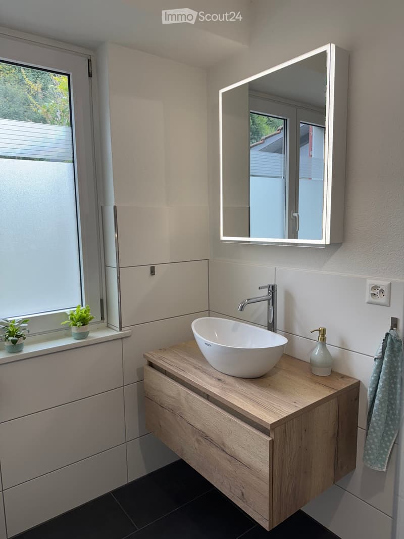 Bathroom with a sink, mirror, potted plants, wooden vanity, and tiled floor