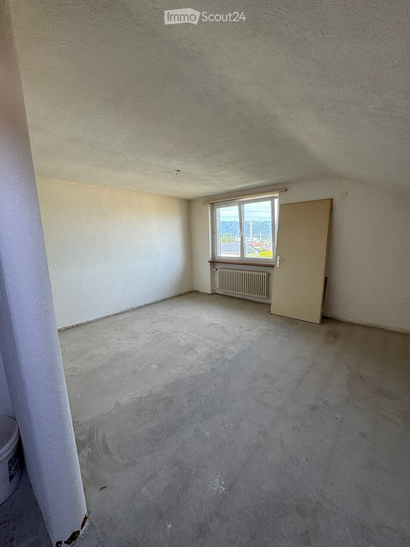 empty room, cement floor, white walls, white door, window with radiator, mountain view