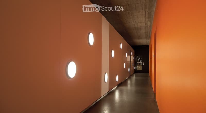orange walls, white walls, circular windows with lights, concrete flooring
