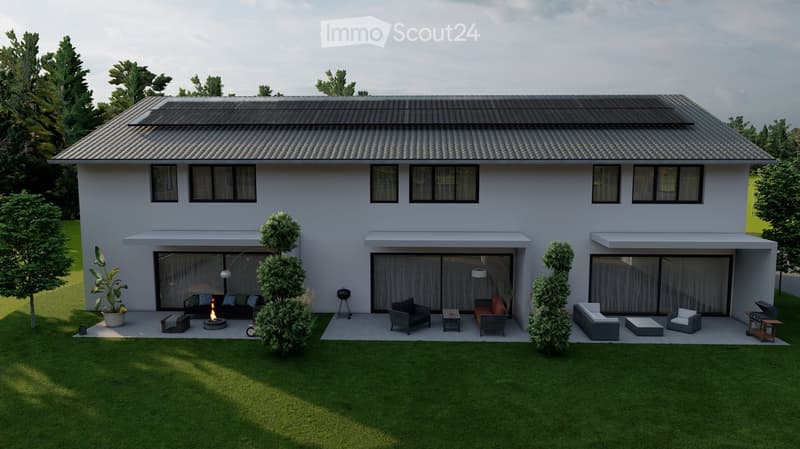 2 story house, white exterior, solar panels on roof, large windows, outdoor seating area, fire pit, garden, trees