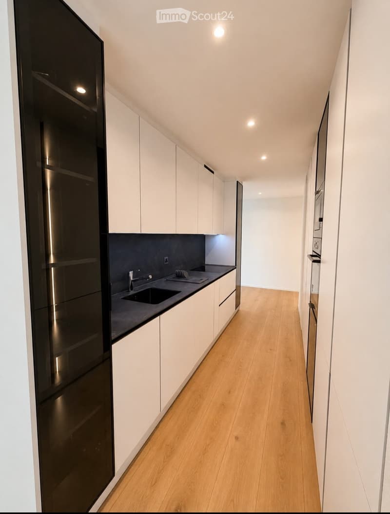 Modern hallway with white walls, light wooden flooring, and built-in white cabinets. Features a small black countertop area with a sink and faucet.