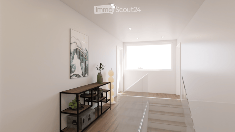 modern hallway with white walls, wooden floor, glass railing, a shelf with plants and books, a painting on the wall, and a window
