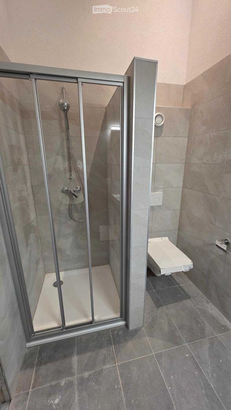 Modern bathroom with a glass-enclosed shower and a toilet, featuring dark tiled floors and light-colored walls.