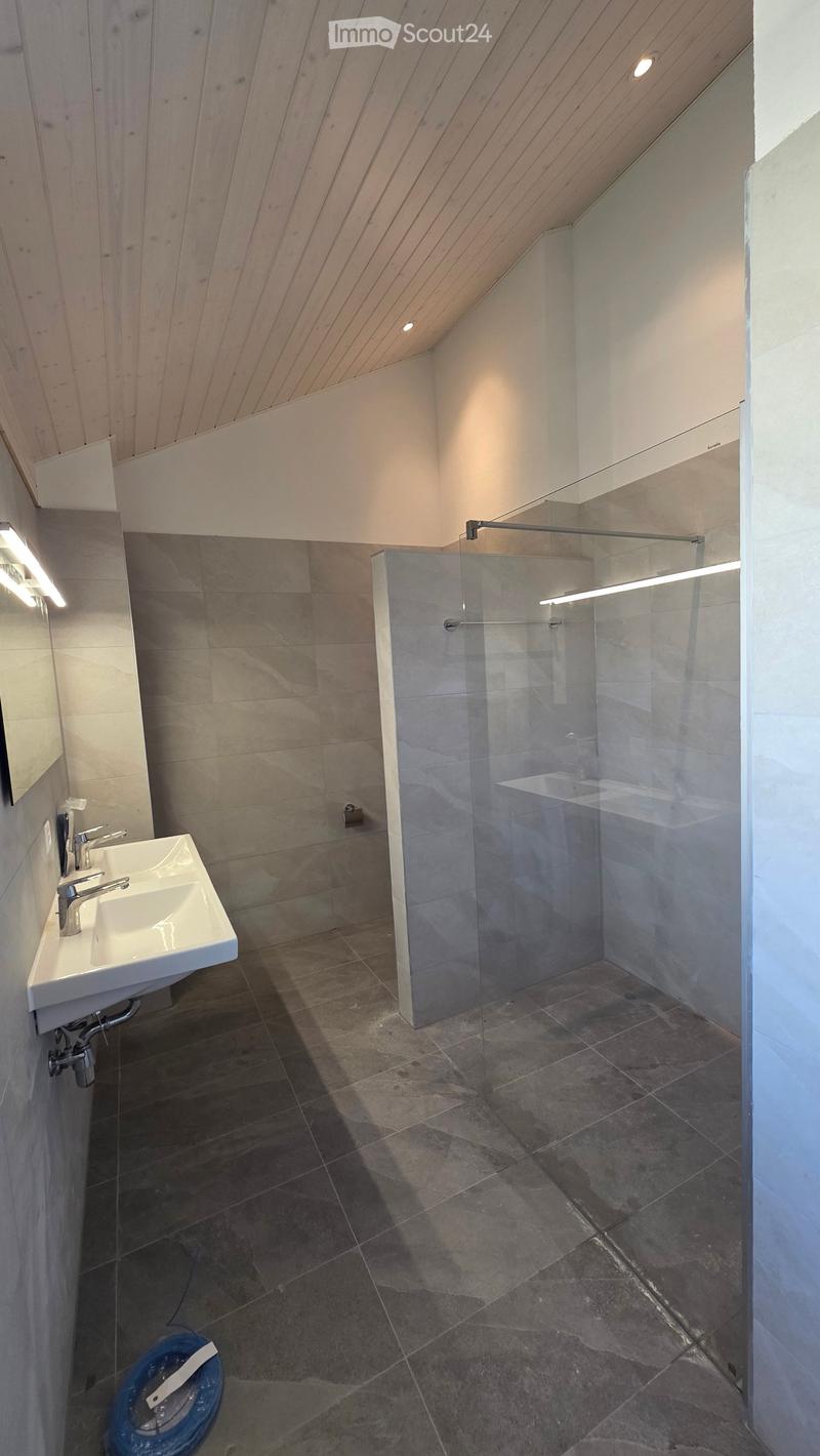 Modern bathroom with a white sink, chrome faucet, large mirror, and a glass-enclosed shower stall. The room features a slanted wooden ceiling and dark tiled flooring.