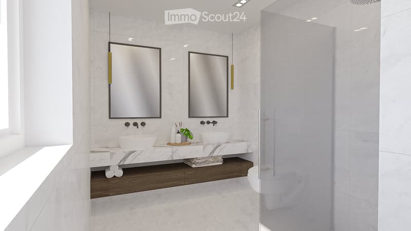 modern bathroom with white tiles, two sinks, two mirrors, wooden cabinet, shower