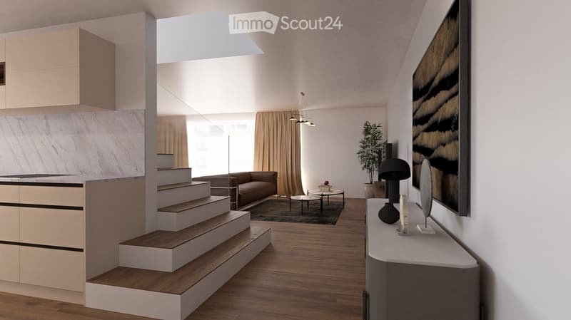 kitchen, living room, bedroom, raised ground floor, stairs