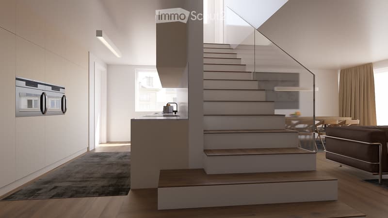 modern kitchen with island, open stairs, living room with couch, rug, dining area with table