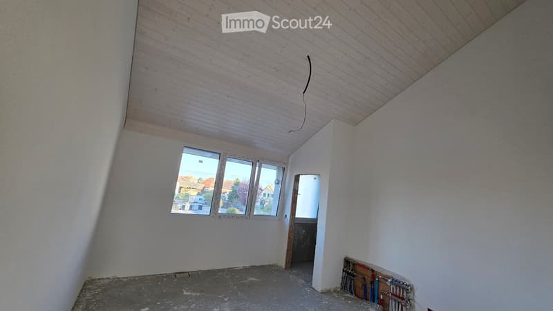 empty room, white walls, wooden ceiling, windows, door