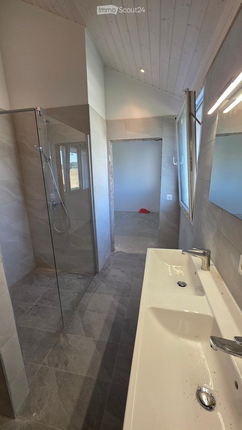 Modern bathroom with a large double sink, glass shower enclosure, and natural light from windows.