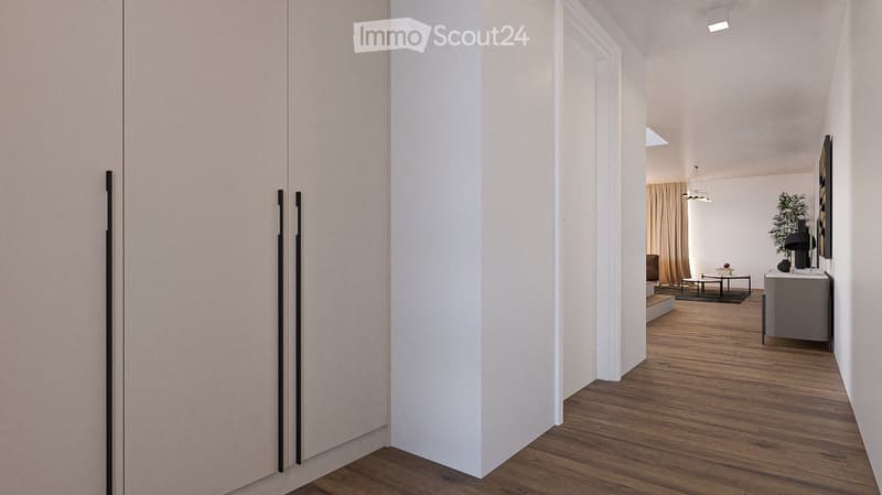 wooden floor, white walls, large wardrobes, hallway
