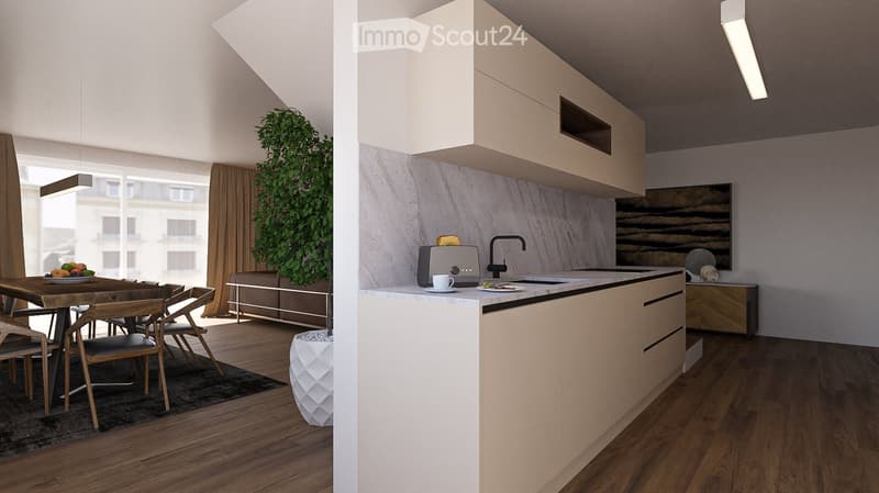 modern kitchen with wooden floor, white cabinets, marble countertop, sink, faucet, toaster, coffee cup, plate, bowl, fruit bowl, dining table, chairs, rug, plant, lamp