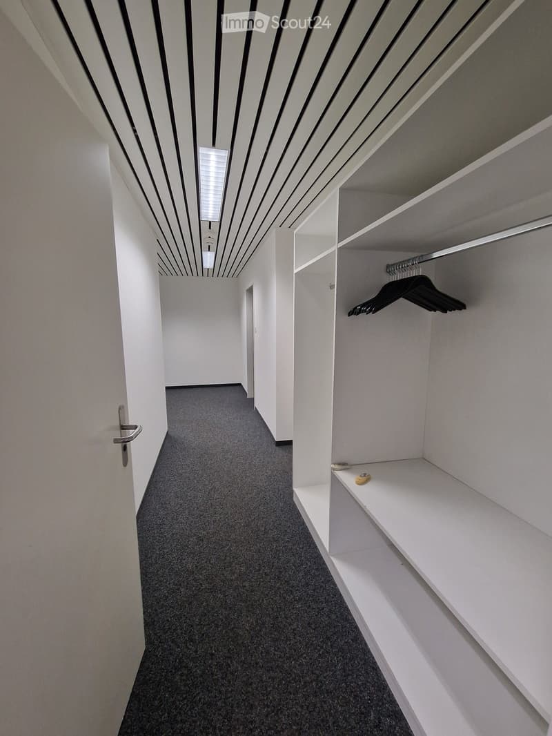 Empty room with white walls, gray carpet, wardrobe with white shelves and hanging rack, ceiling with black and white lines.