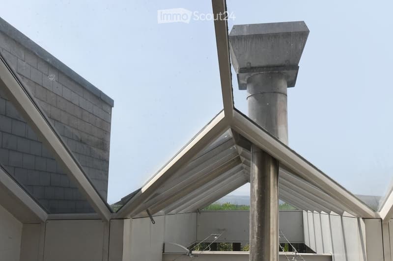 glass window, metal frame, view of chimney, bright sky