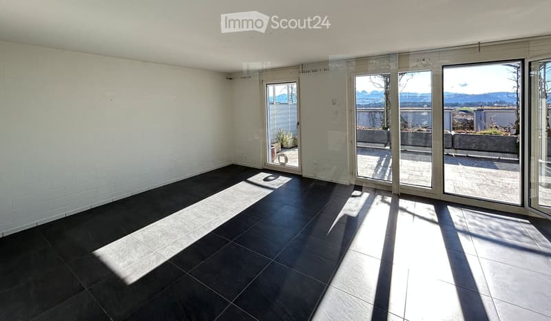 open room, large windows, balcony with plants, black tiled floor, mountain view