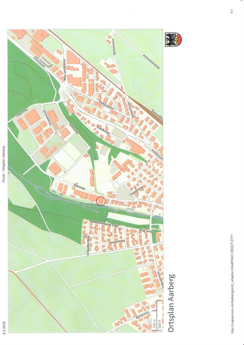 Ortsplan Aarberg map with indicated residential and commercial areas, streets, and geographical features.