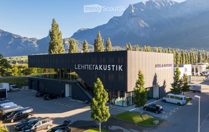 Modern building with glass facade and signage reading "LEHNETA KUSTIK" and "BANG & OLUFSEN" surrounded by trees and parked cars, with mountains in the background.
