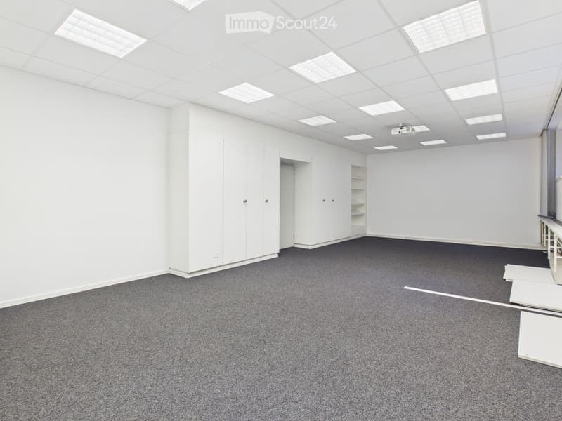 empty room, white walls, gray carpet, white ceiling with lights, white cabinets, shelves