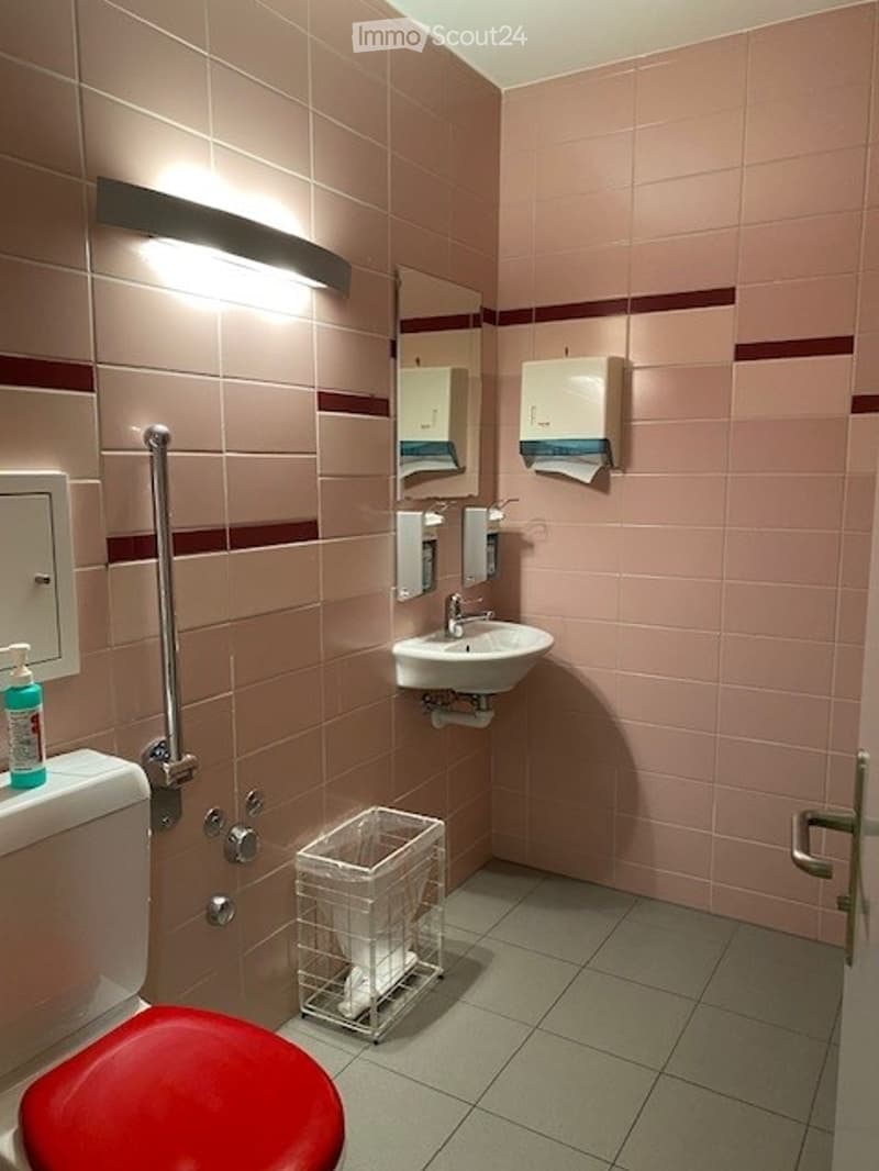 bathroom, white tiled walls, toilet with red seat, sink, mirror, paper towel dispenser, hand soap dispenser, small white shelf