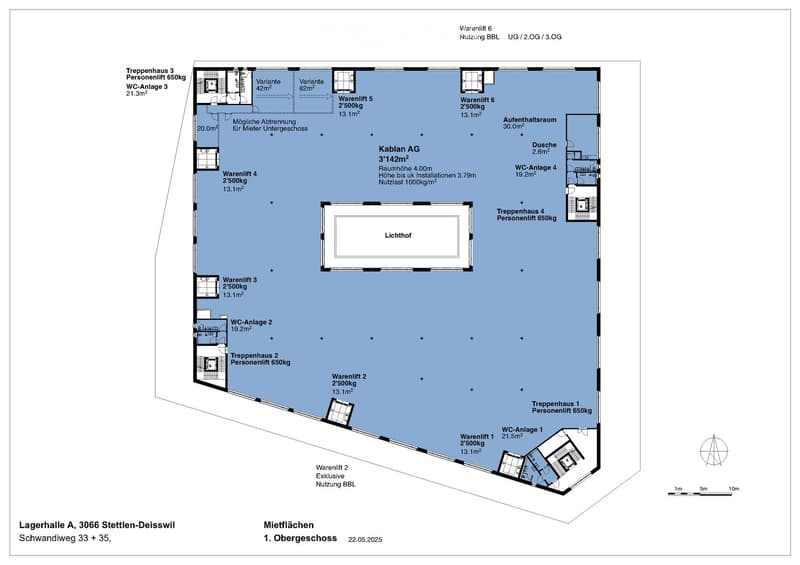 Ground floor plan of a commercial building with multiple storage rooms and facilities for a lift and bathroom.