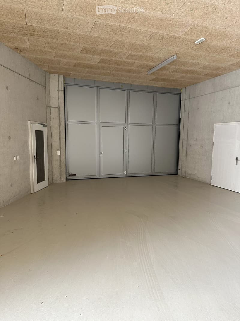 Empty garage with concrete floor, ceiling with metal frame, grey steel overhead garage door, small white door, two switch boxes, and two lights