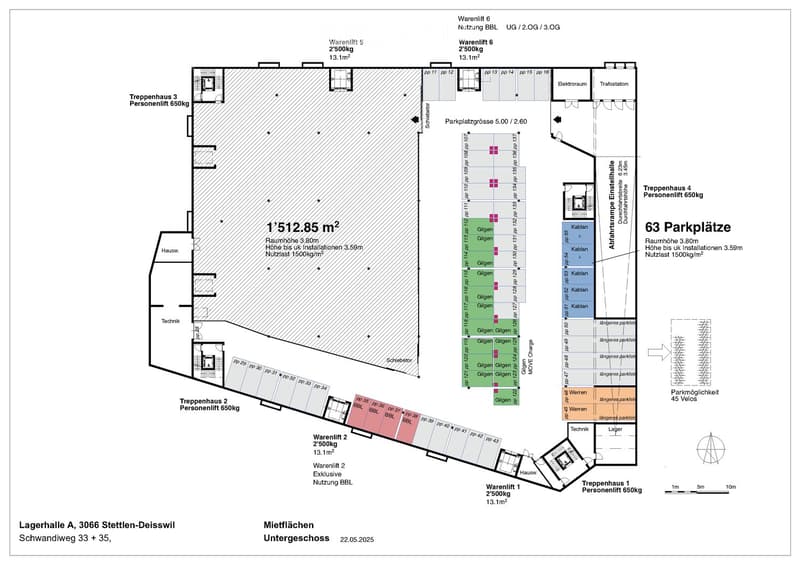 Ground floor: Multiple rooms, stairwells, entrances, lift shafts, parking areas, warehouse areas, and office spaces. Each floor: Living room, Kitchen, 2 bedrooms, 2 bathrooms, and balconies.