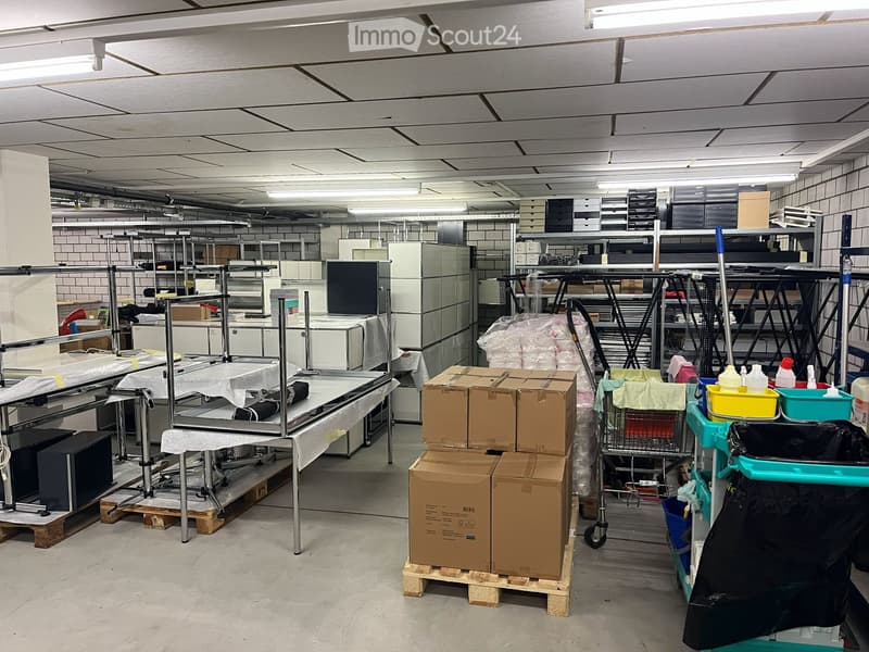large warehouse space with metal shelves, boxes, tables, trolleys, and cleaning supplies.