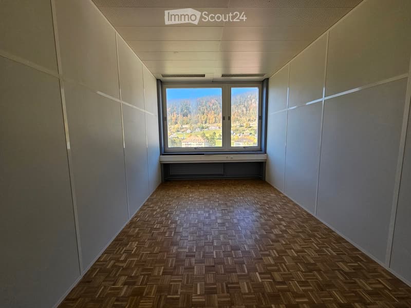 empty room, large window, parquet flooring, white walls