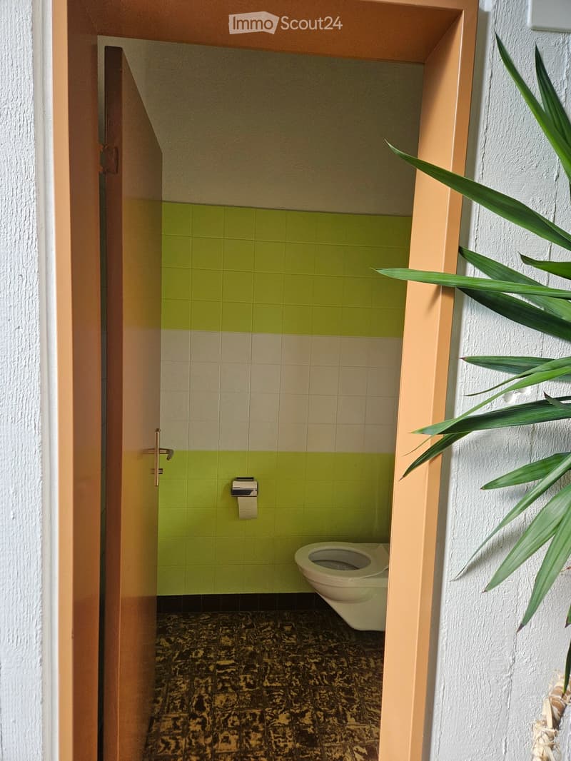small bathroom with green and white tiles, a white toilet bowl, a toilet paper holder, and a brown tile floor