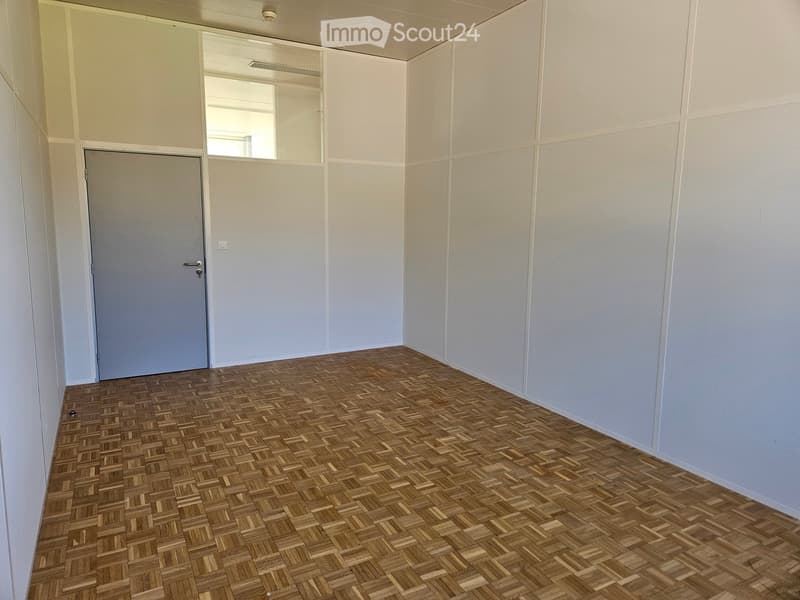 empty room with wooden parquet flooring, gray door, white walls, and a mirror above the door