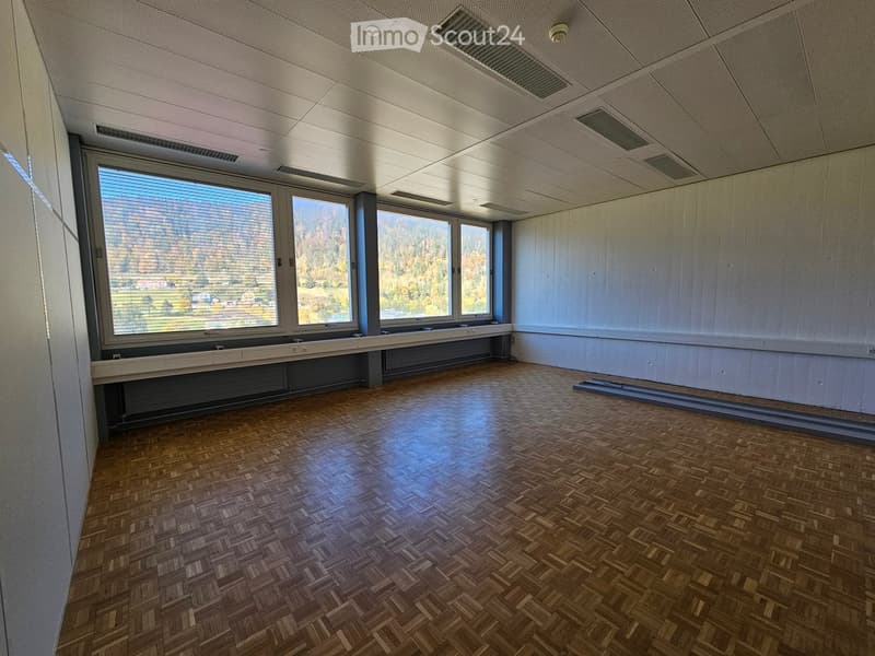 Large empty room with wooden flooring, windows with views of a landscape