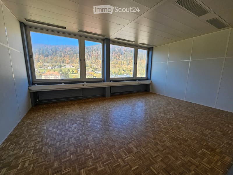 empty room with large windows, wooden parquet floor, white walls