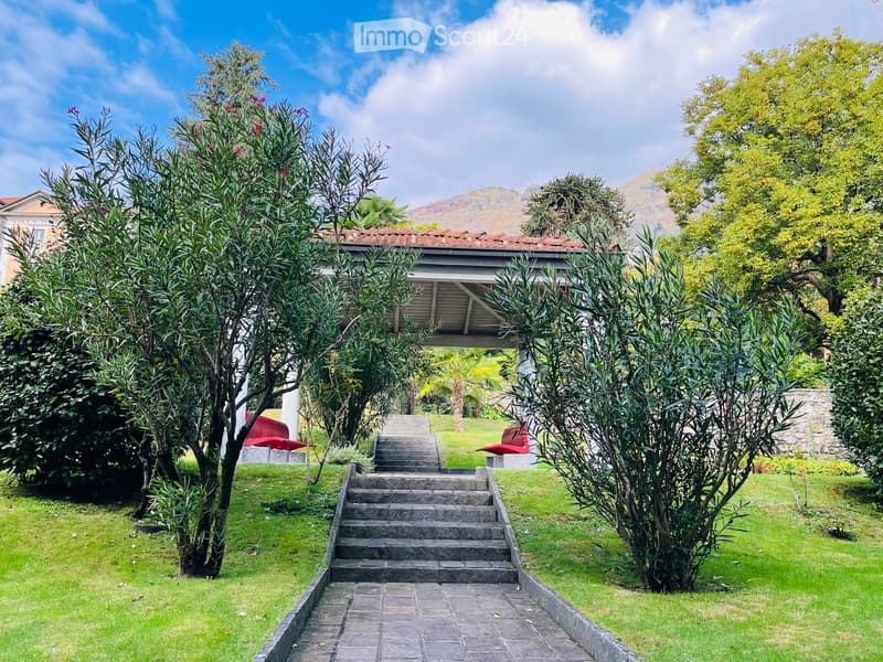 well-kept garden, stone path, pergola, green lawn, trees, shrubs, two red chairs, steps