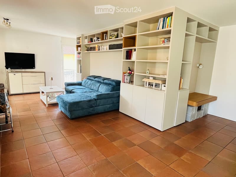blue sofa, white coffee table, tall shelves, TV, wooden desk, white kitchen cabinets, terracotta floor