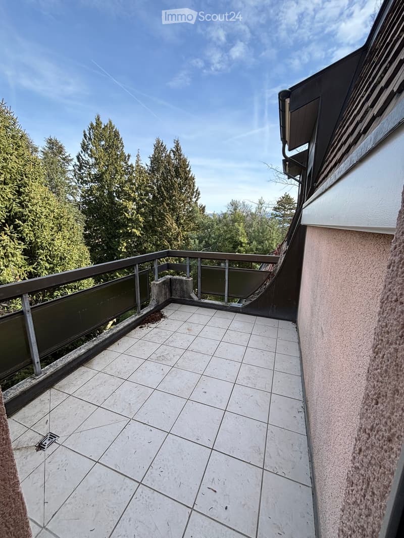 empty balcony with tiled floor, metal railing, overlooking trees and mountains