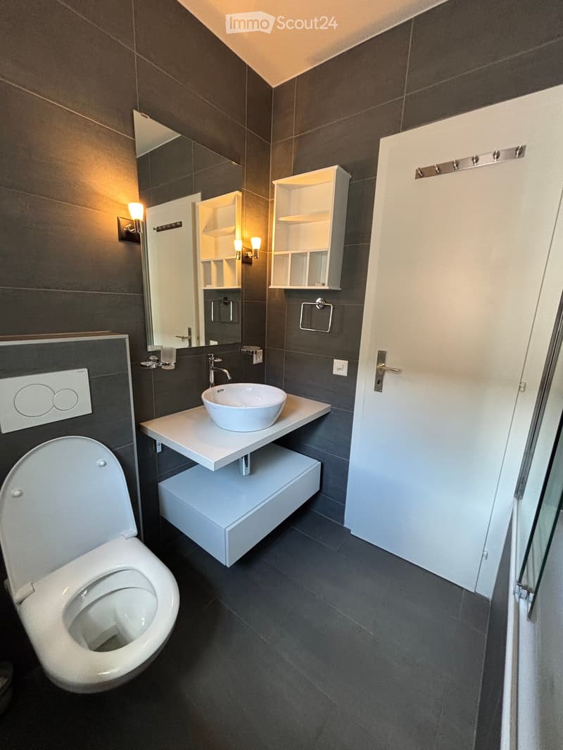 white floor tile, toilet, mirror, vanity with bowl sink and cabinet, shower
