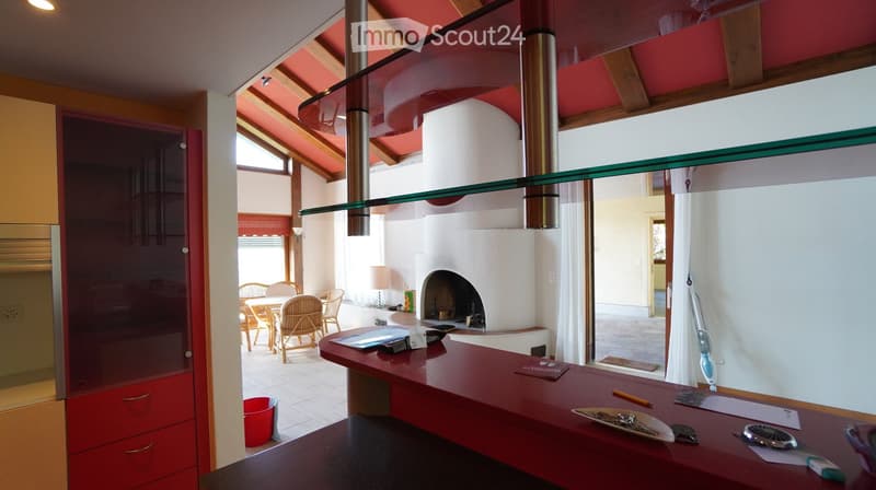 Fireplace in the middle, dining table, chairs, glass shelf, red wall, cupboards, trash can