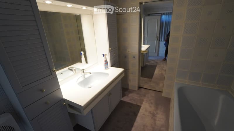 Bathroom with white sink, mirror, bathtub, and brown carpet flooring.