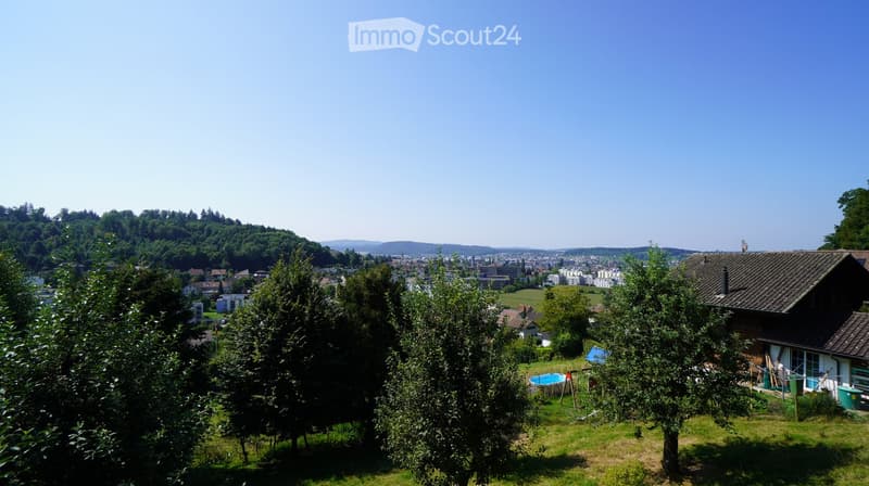 hill with houses, swimming pool, green trees, blue sky