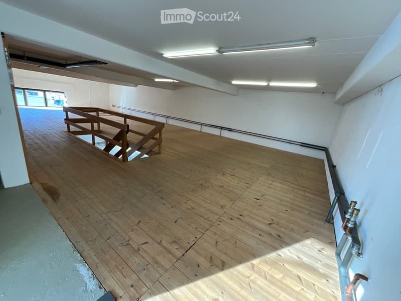 open room with wooden floor, metal rails along the wall, empty space, windows on the far end