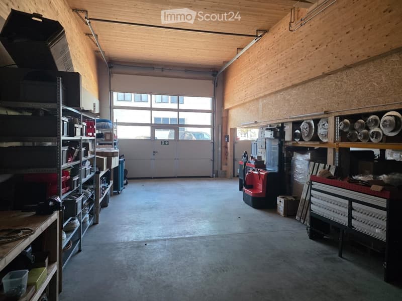 An empty room with wooden ceiling, wooden walls, shelves with boxes and tools, an entrance door, and a vehicle parked outside.