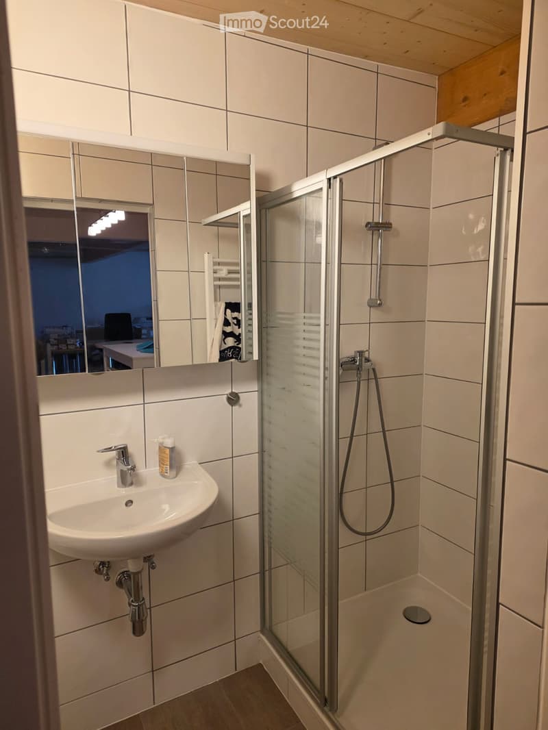 Modern bathroom with white tiles, walk-in shower, sink with mirror, and a bottle of soap.