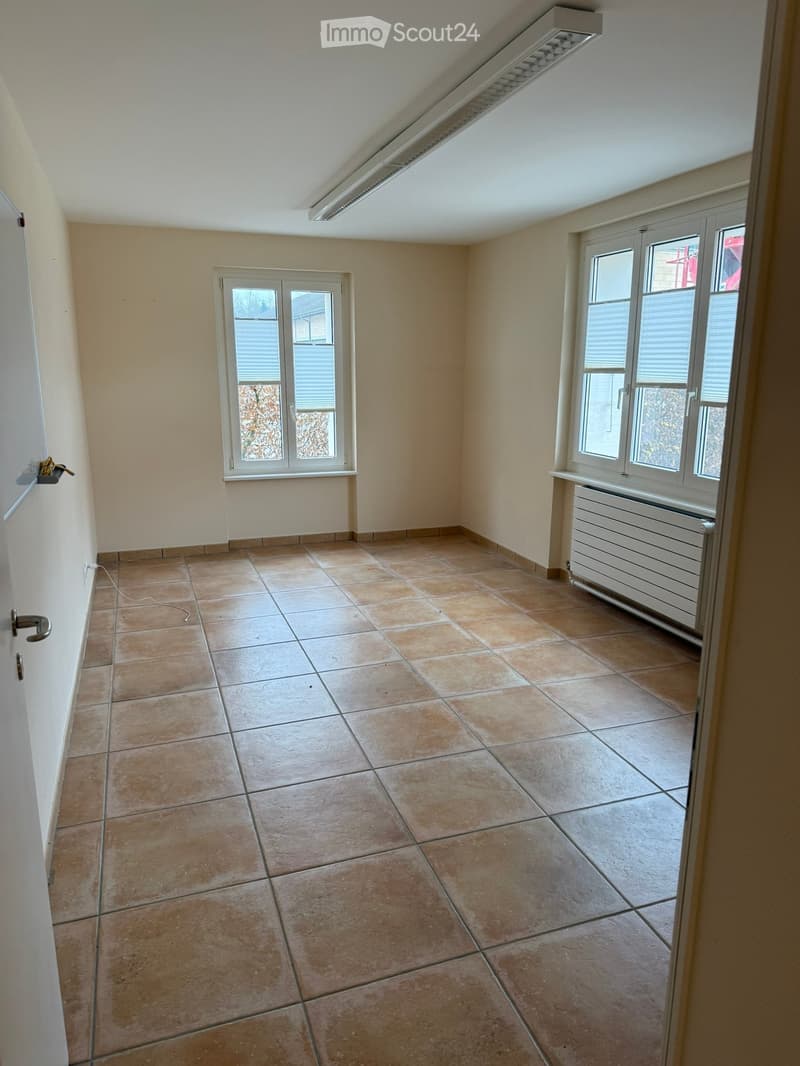 Empty room with brown tiles and two windows.