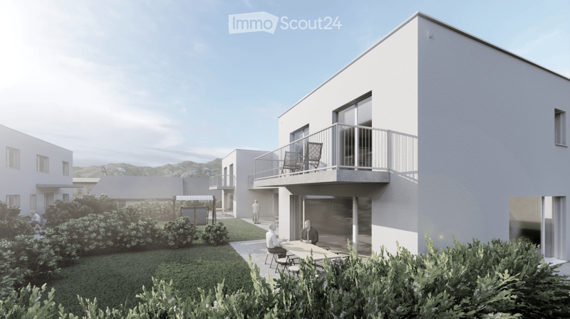 modern architectural design, white walls, balconies, outdoor dining area, grass, shrubs